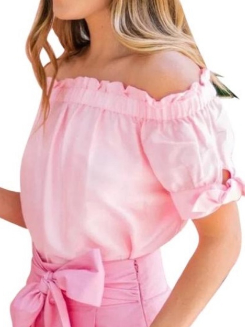 J. Crew Pink Off-Shoulder Tie-Sleeve Blouse